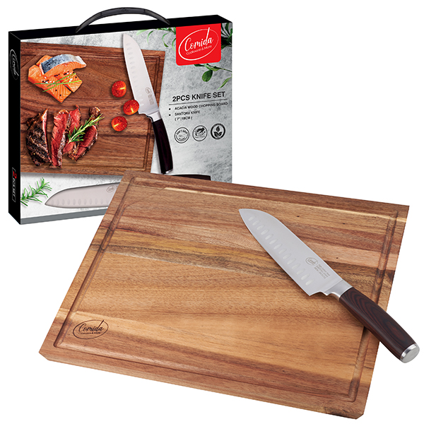 סט סכין סנטוקו (Santoku) + קרש חיתוך מעץ שיטה (ACACIA)
