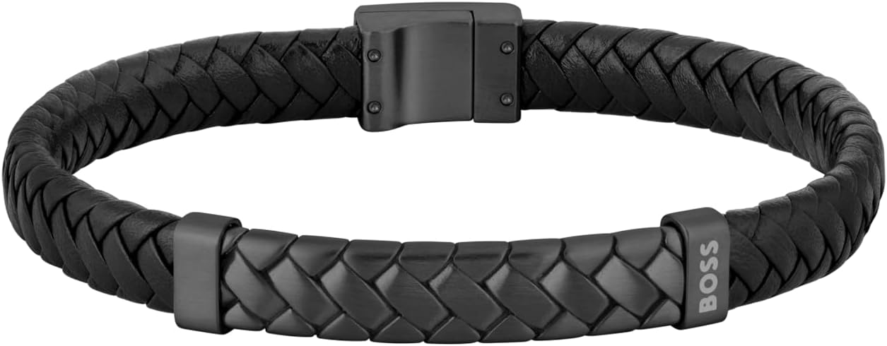 צמיד לגבר HUGO BOSS עור שחור אלגנטי, בהשראת חייטות קלאסית