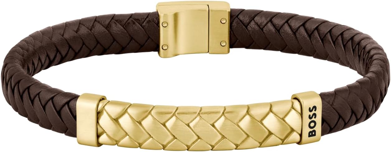 צמיד לגבר HUGO BOSS עור חום וזהב, בהשראת חייטות קלאסית